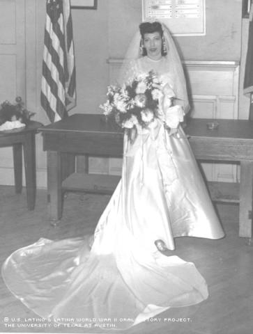 Sandy Fuentes in her wedding dress at the American Legion Hall in Austin, Texas, 1944.