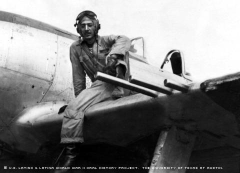 Reynaldo Perez Gallardo with airplane, 1945.