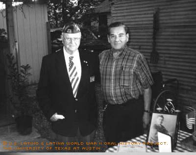 WWII Veteran Eliseo Lopez (right) with Veterans of Foreign Wars post commander Billy York, a Korean War Marine, at a ceremony marking the replacement of Lopez's lost medals. 2000