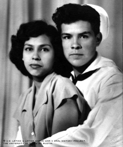 Alvino Mendoza and Rebecca Vasquez pose for a studio photograph in Austin, Texas, in April of 1946 before the two were married. Mendoza was on his last leave at home.