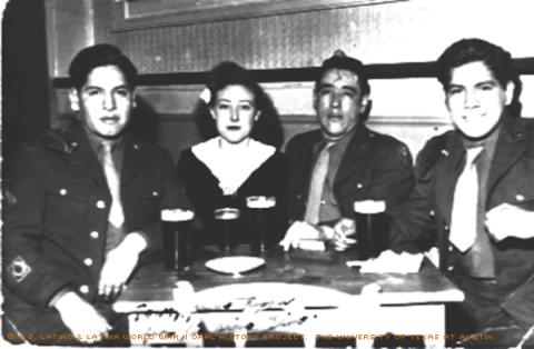 Antonio Reyna (left) in an English restaurant with friends and a waitress, 1945.