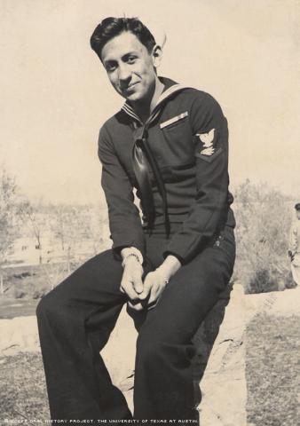 Gilbert P. Sanchez poses in Roosevelt Park in Albuquerque, N.M., in 1943. Sanchez served in the U.S. Navy during World War II.