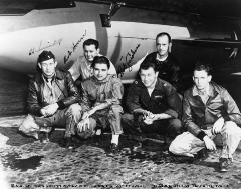 The X-1 team that would eventually break the sound barrier. L-R: Ed Swindell, Bob Hoover, Robert Cardenas, Chuck Yeager and two unidentified men.