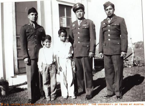 L - R: Joe Villa, Robert Villa, John Villa, Ramón Villa, Mike Villa in Yorktown, Texas. March 1946.