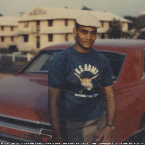 Germán in Fort Benning, Georgia in 1968. The photo was taken to show German's family in Puerto Rico his new car. The car had just cost him $600.
