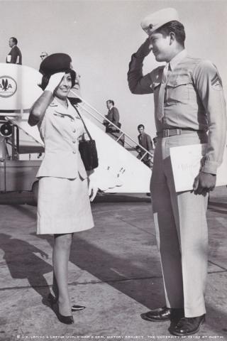 Rita Brock-Perini greets her brother, Bernie Abeytia, U.S. Marine Corps, upon his return from Vietnam. Photo taken at Sky Harbor Airport, in Phoenix, Arizona, on 1971.