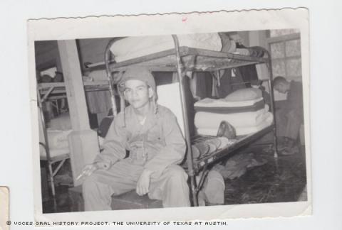 November 23, 1956. Placido at the Barracks at FE Warren AFB, WYO.\Just a rare moment relaxing.\""