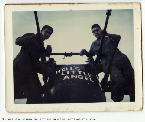 Raymond Garcia (left) and Richard Moreno (right) at the Vietnam firebase Alpha 2 in 1970. They were showing the name of their Quad 50's machine guns.
