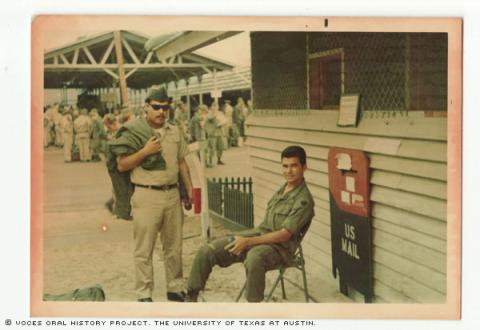 Pete Alvarado (left) and Raymond Garcia (right) in Da-nang, Vietnam in December of 1970. They were processing to go home to the United States.