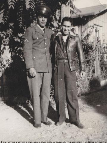 Rafael Flores, left, and his\homeboy\"Nacho Romero in 1943. Rafael was home in El Paso on a 3 day pass. Nacho was his good friend and neighbor."