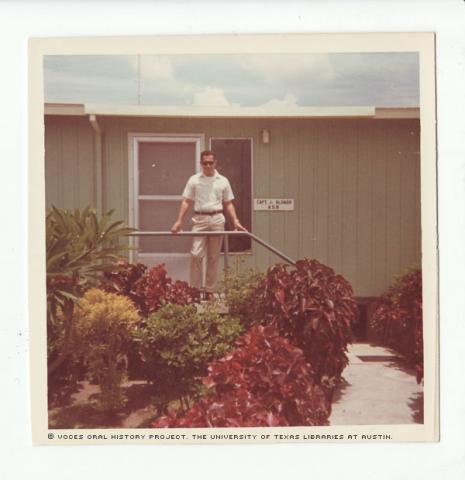 John Aleman at the Clark Air Force Base in the PI 1967.\This is a prefab house on base. We had to be on a waiting list before we got into base housing. I was talking to a neighbor.\""