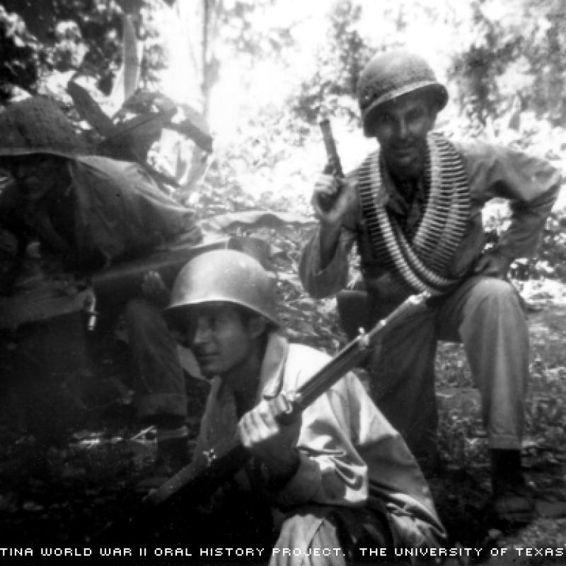 Andrew Esparza (left), Pinky Escoto (middle),and Shultz Wiht (right)in Bougainville Island in the South Pacific,June 1944.