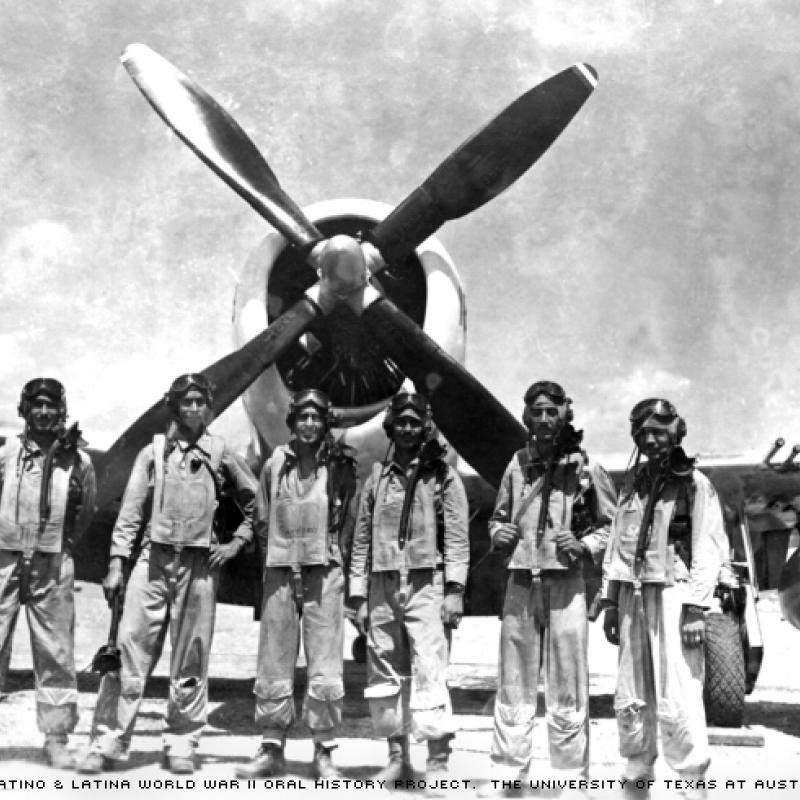 Reynaldo Perez Gallardo (second from right) poses with other member sof the Mexican Fighter squadron in 1945.