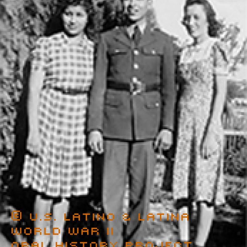 1942 - The first time Mary (right) had seen her brother, who went into the Army in 1941, in uniform.  Sandy Olvera, her sister in law (married to brother Snow Olvera) is at Herman's left.