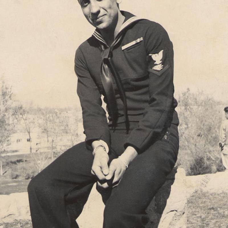 Gilbert P. Sanchez poses in Roosevelt Park in Albuquerque, N.M., in 1943. Sanchez served in the U.S. Navy during World War II.