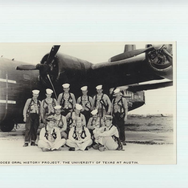 Crew #11 VP772-ATSUG1-NAS. Fernando del Rio standing 2nd from the left. 1951 March, NAS Atsuqi, Japan. Passing from crew #11 VP772 squadron PB$Y2 aircraft patrol Navy squadron.\We were the fist Navy Reserve Squadron to fly combat over Korea.\""