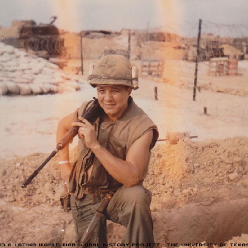 Robert Alonzo Rivera photographed in Con Thien Vietnam, while resting after a fire fight in November, 1968.